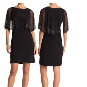 🆕 MARINA 8 BLACK Beaded Capelet Sheath Dress In Black NWT